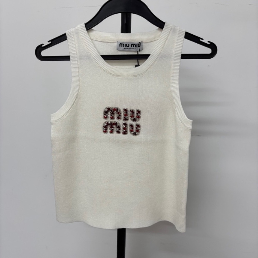 Miu Miu White Top with Red Crystal Logo Detail